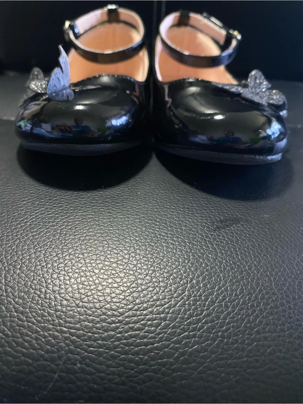 Girls Classic Black Patent Mary Jane Shoes Glitter Butterflies Size 1 US 13 UK